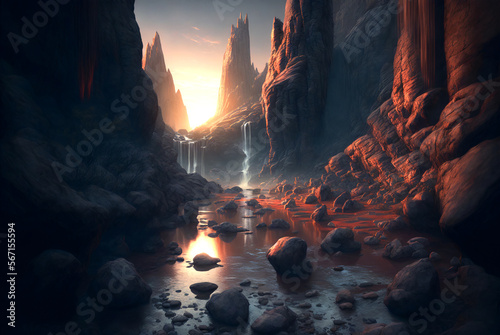 Fantasy mountains with stream and waterfalls scene AI generative 