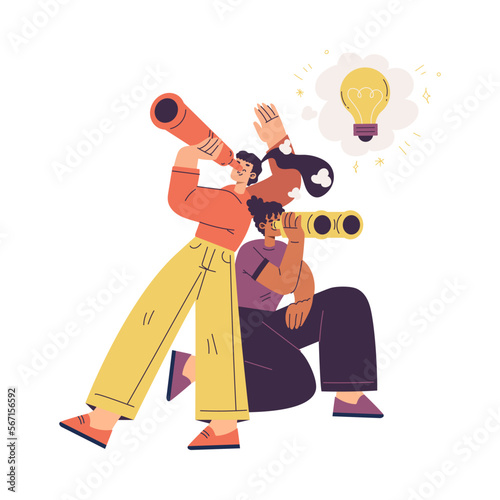 Idea with Woman Looking in Binoculars with Yellow Light Bulb Finding Solution Vector Illustration