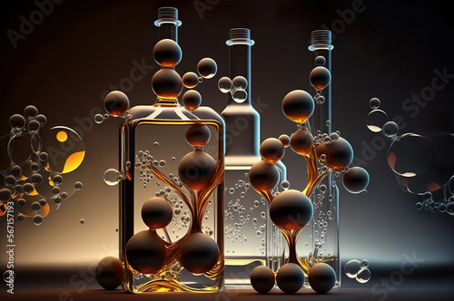 Perfumery production laboratory. Perfume bottles. Liquid essence oil with a molecule. Generative AI.