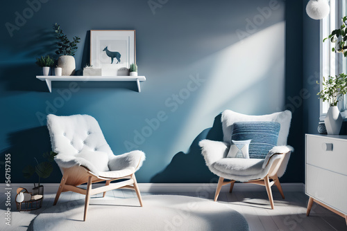 Two modern armchairs in room with blue empty wall. Pillow, decoration, frame. Copy space, home decor, template. Generative AI