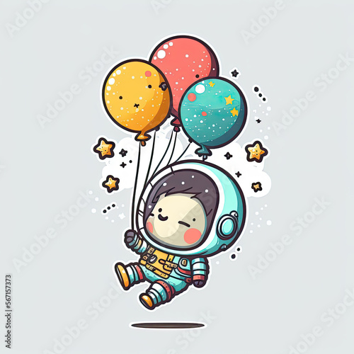 Baby astronaut floating through space together holding on to a balloon on color background. Generative AI