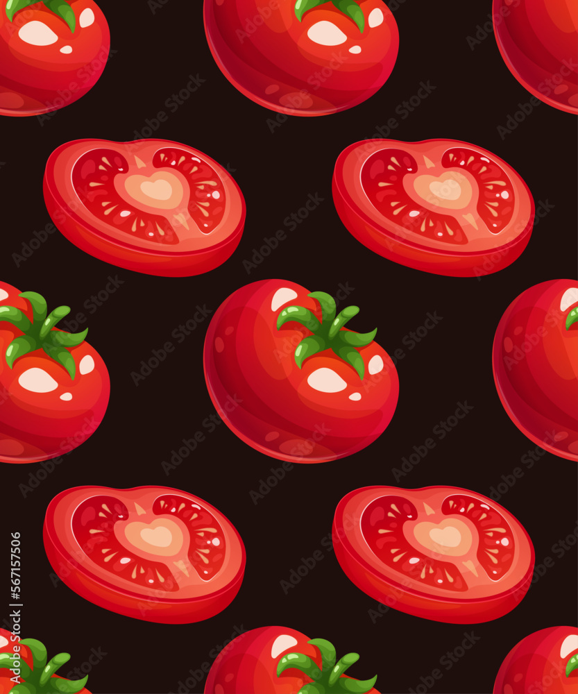 Seamless pattern with whole tomato and slice on dark black background, pattern with vegetables Seamless pattern with whole tomato and slice on dark black background, pattern with vegetables