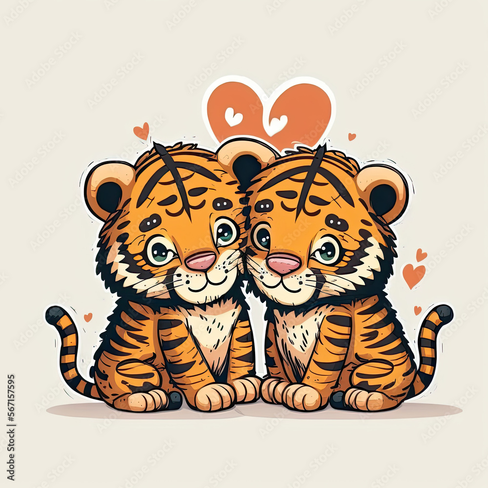 Cute cartoon orange lions in love on light background. Romantic illustration. Template for Valentine day. Generative AI Cute cartoon orange lions in love on light background. Romantic illustration. Template for Valentine day. Generative AI
