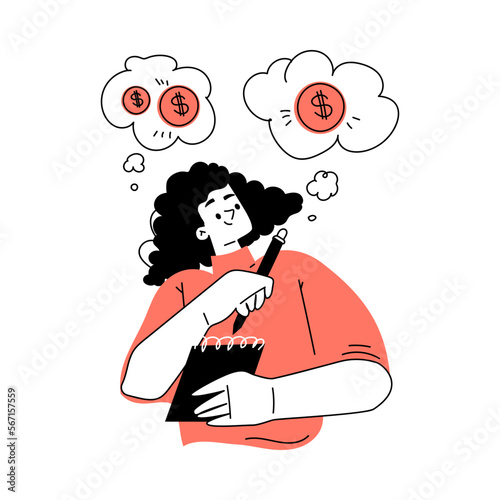 Investment with Woman Counting Budget in Mind Making Calculation for Capital Gain Vector Illustration