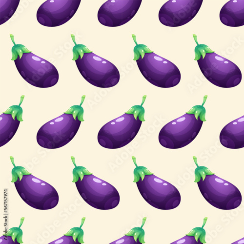 Seamless pattern with cartoon eggplant on a white background. Pattern with vegetables