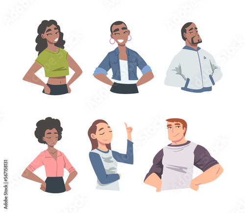 Confident Young Man and Woman Standing with Hands on Hips Expressing Self Pride Vector Set
