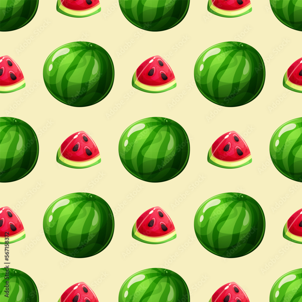 Seamless pattern with cartoon watermelon on light yellow background, summer pattern with fruit Seamless pattern with cartoon watermelon on light yellow background, summer pattern with fruit