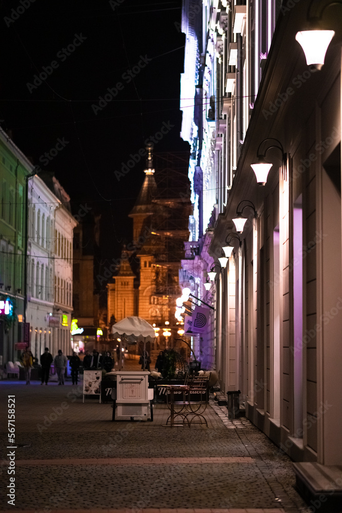 The city center at night in Timisoara