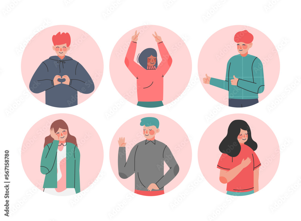 Fototapeta premium Smiling Male and Female Showing Positive Hand Gesture in Circular Frame Vector Set