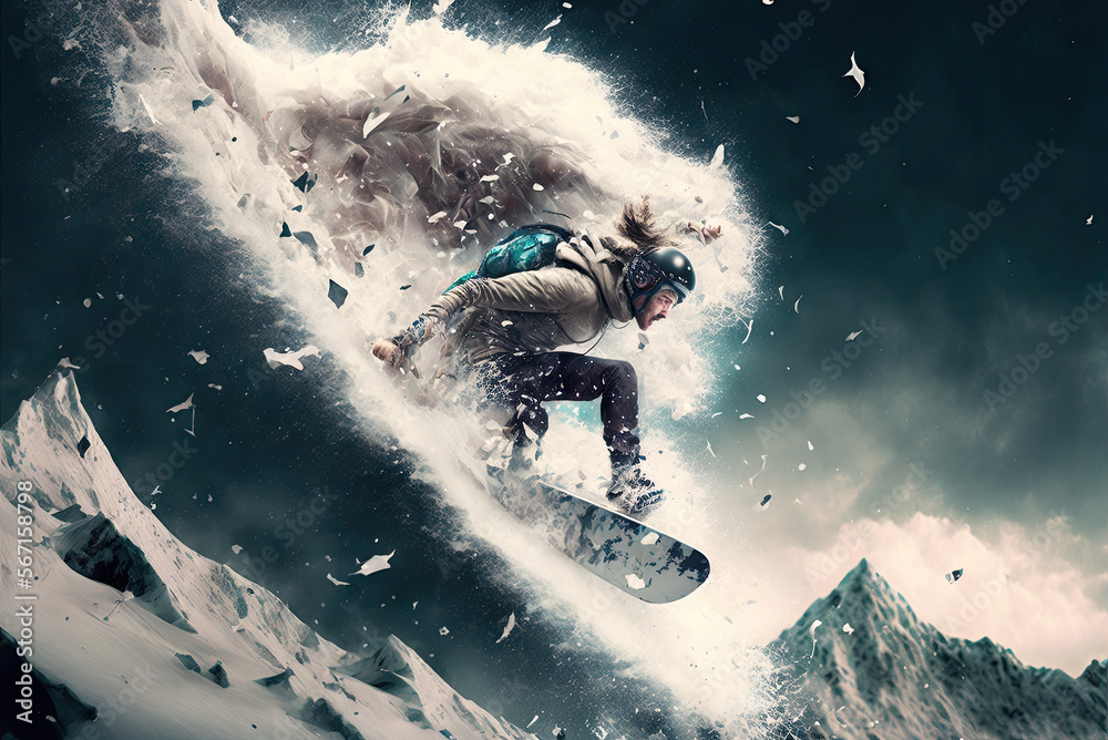 Naklejka premium a man riding a snowboard on top of a wave, generative ai technology
