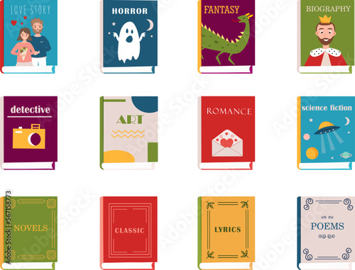 Genre of books. Books covers, front view. Biography, adventure, novel, poem, fantasy, horror, love story, detective, art, romance, lyrics. Vector illustration for library, book store, shop. photo