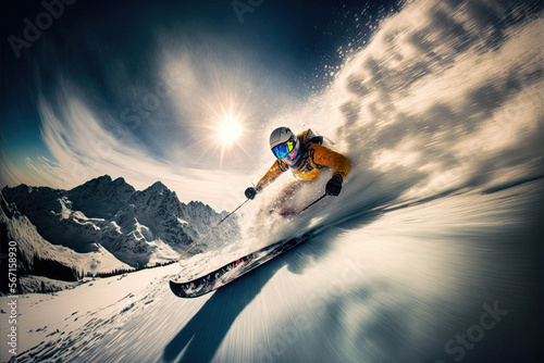 a man riding skis down a snow covered slope, generative ai technology