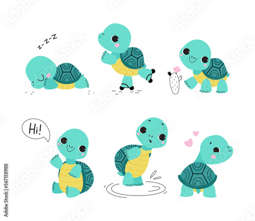 Cute Turtle with Shell and Short Feet Engaged in Different Activity Vector Set