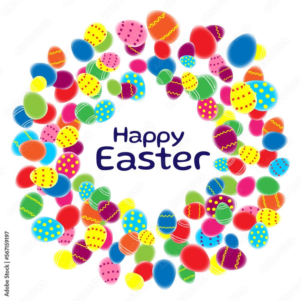 Colorful round frame made of painted eggs with Happy Easter text Colorful round frame made of painted eggs with Happy Easter text