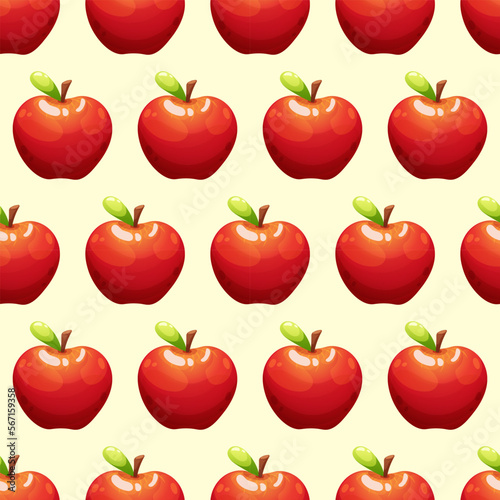 Seamless pattern with juicy red apple on light yellow background, summer pattern with fruit