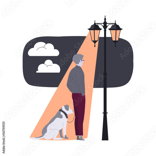 Loneliness with Lonely Man Character Standing on Spot of Street Lamp with Dog Pet Feeling Depression and Sadness Vector Illustration