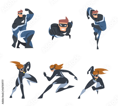 Man and Woman Superhero Character Dressed Black and Blue Costume and Mask in Action Vector Set