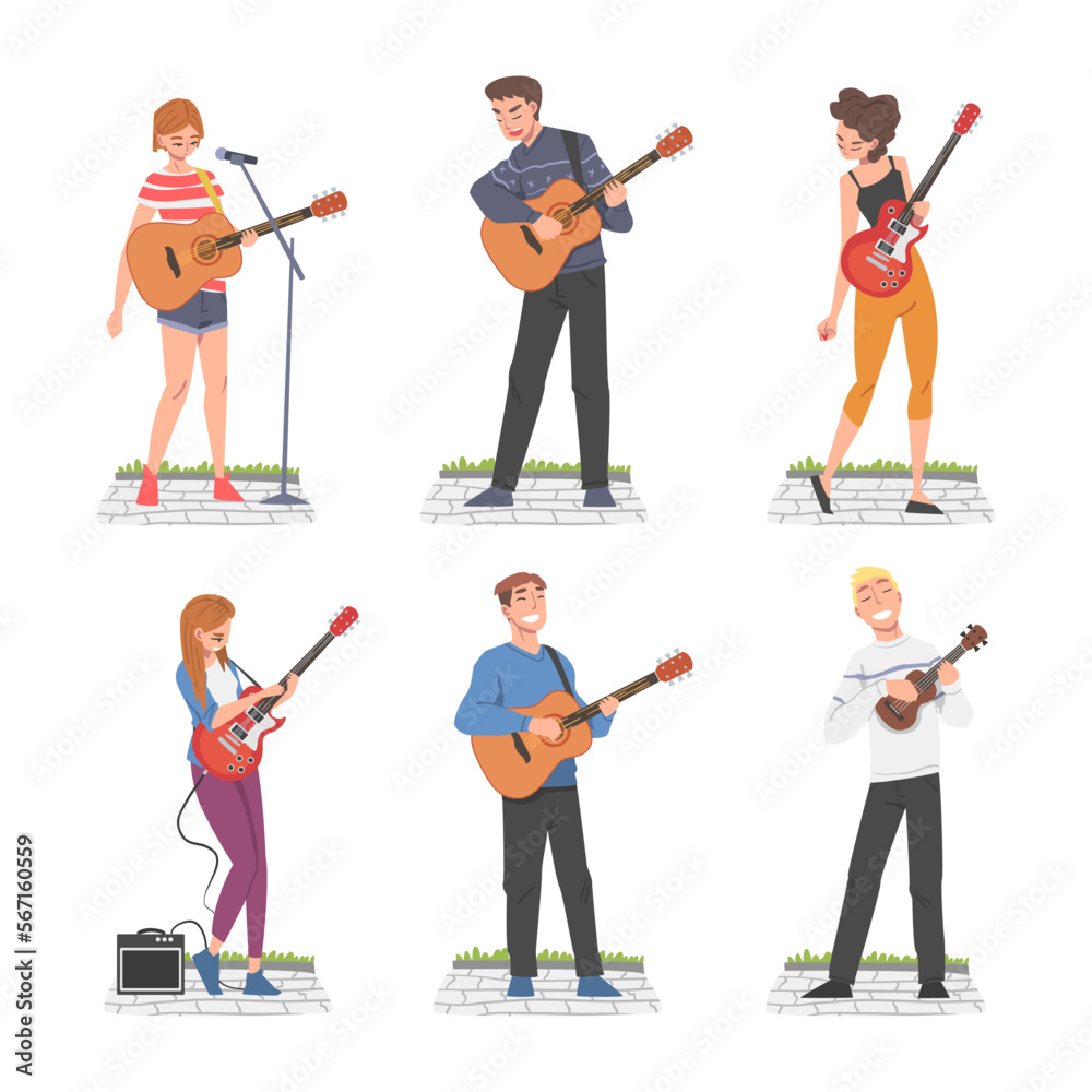 Young Man and Woman Musician Guitarist Character Playing Guitar and Singing Performing Street Concert Vector Set