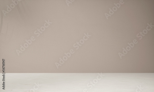 Background for a cosmetic, fragrance or beverage product packshot - brown plaster wall and white marble table in the foreground