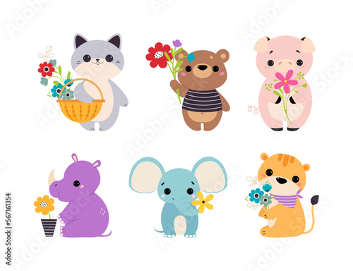 Cute Animals with Blooming Flowers and Floral Bouquet Vector Set