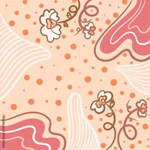 Nature in earth colors, coral color, salmon color, warm colors, flowers and modern figures, minimalism