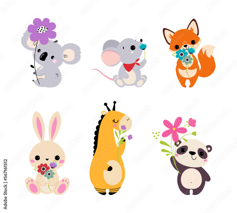 Cute Animals with Blooming Flowers and Floral Bouquet Vector Set Cute Animals with Blooming Flowers and Floral Bouquet Vector Set