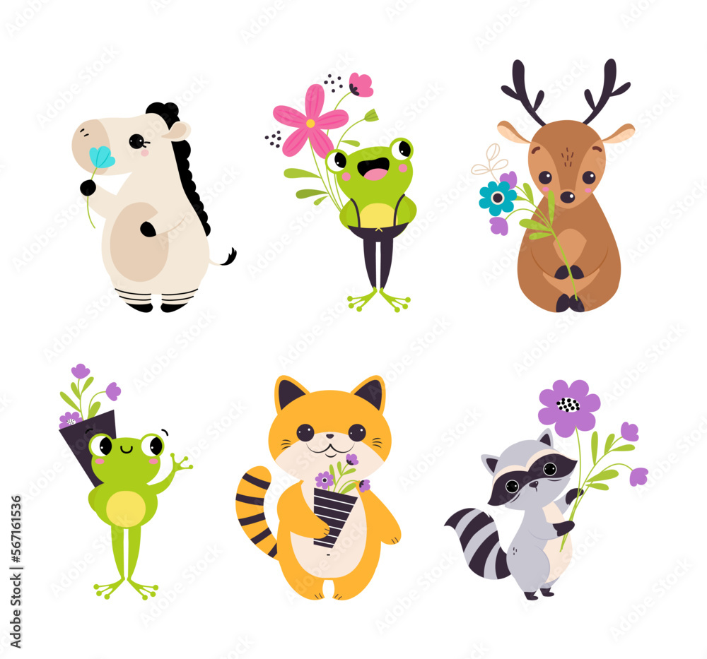 Cute Animals with Blooming Flowers and Floral Bouquet Vector Set Cute Animals with Blooming Flowers and Floral Bouquet Vector Set