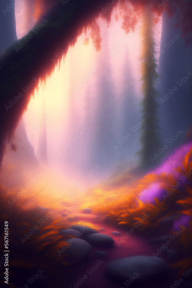 Abstract Sunrise Down A Forest Path, Soft Focus. Generative AI