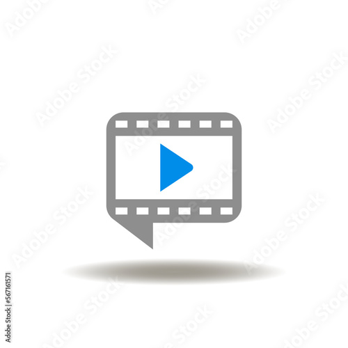 Vector illustration of cinema tape or film strip as speech bubble with play button. Symbol of motion picture. Icon of movie web service. Sign of avi, mov, mkv, mpeg4 format. photo