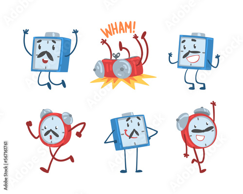 Blue and Red Alarm Clock Character with Funny Face Expression Vector Set