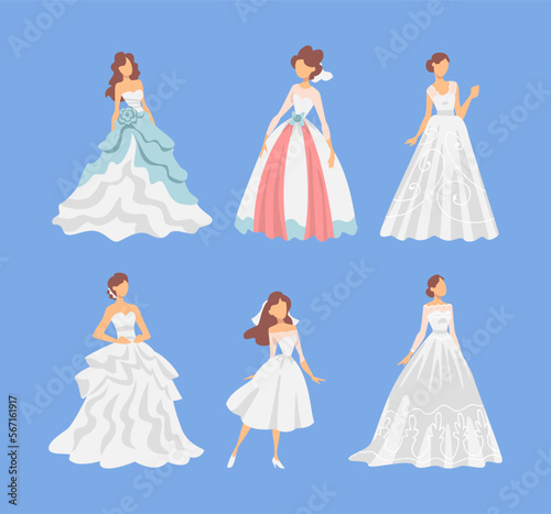 Bride in White Wedding Dress Standing as Newlywed or Just Married Female on Blue Background Vector Set