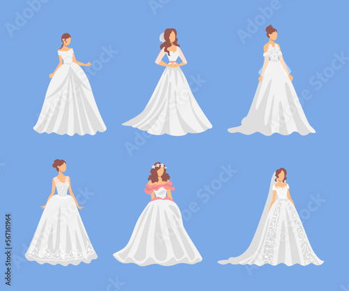Bride in White Wedding Dress Standing as Newlywed or Just Married Female on Blue Background Vector Set