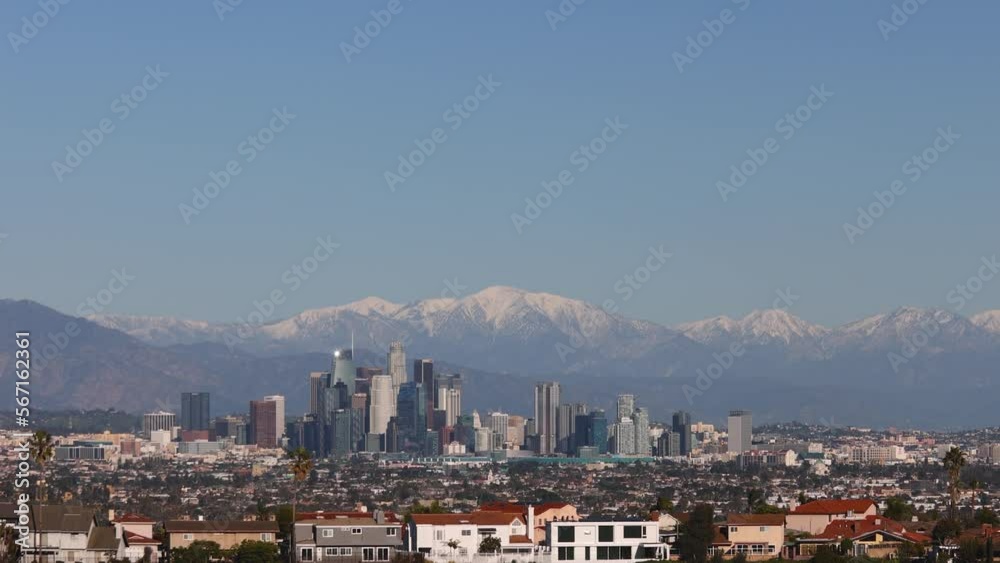 Los Angeles Downtown Skyline with snowy mountains in the background Los Angeles Downtown Skyline with snowy mountains in the background