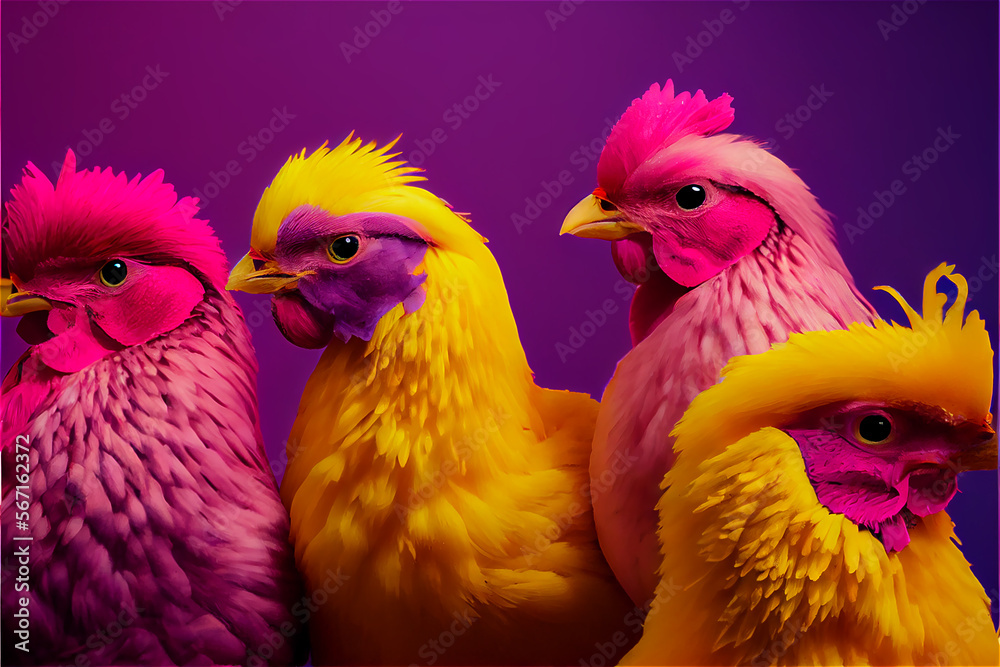 Pop fluffy chicken in bright pink and yellow, generative AI
