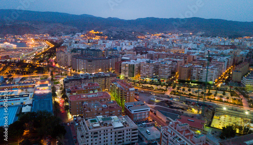 Aerial view of Almeria at twilight. Spain