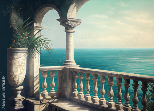 Wallpaper Mural terrace with stone balustrade overlooking a coastal landscape, generative AI