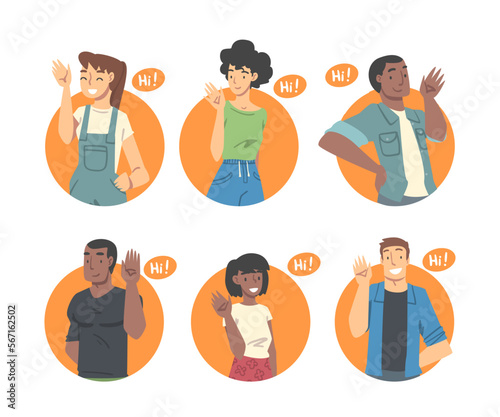 People Characters Saying Hello and Showing Hand Greeting Gesture Vector Illustration Set