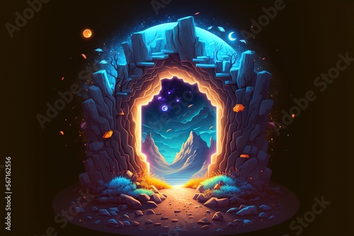 cartoon illustration  magical portal on the mountain cliff with flying rock  ai generative