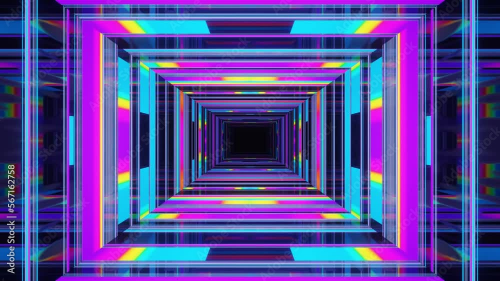 4k seamless looped animation. Fly through mirror symmetrical tunnel with neon pattern, sci fi glow pattern. Bright reflection neon light. Simple bright background, sci fi structure