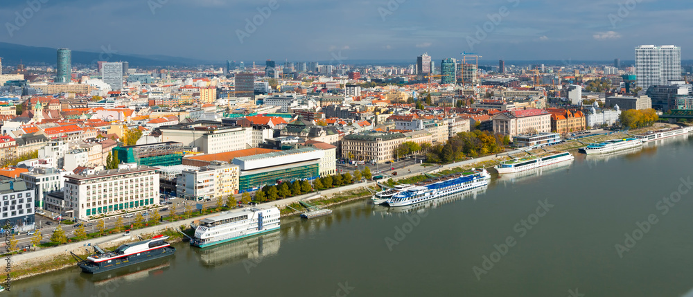 Aerial view of Bratislava with Danube river in autumn cloudy day