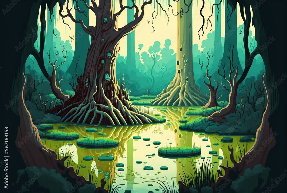 cartoon illustration, swamp with green water in deep nature, generative ...