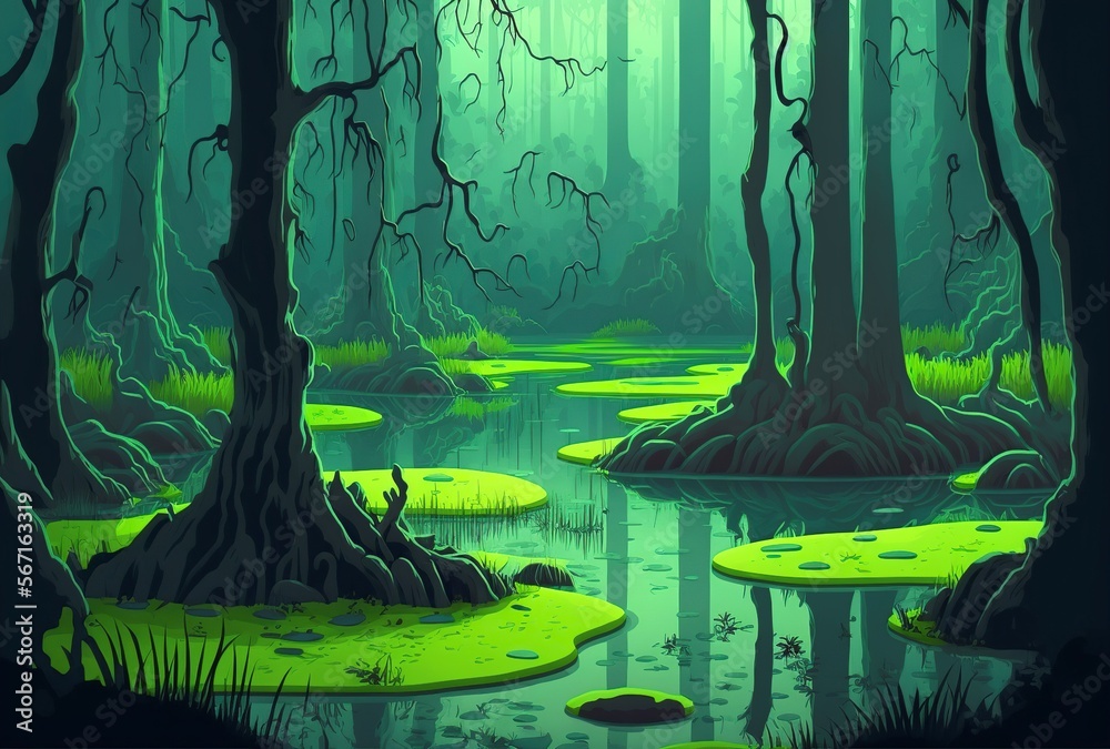 cartoon illustration, swamp with green water in deep nature, generative
