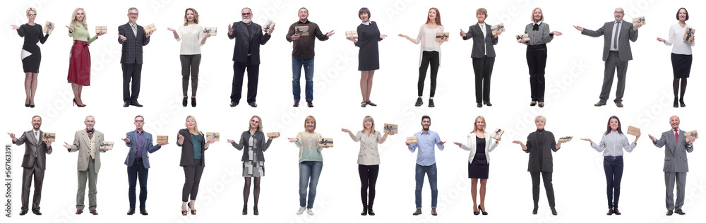 Obraz premium group of happy people with gifts in their hands isolated