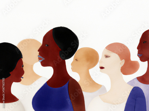 Women of different ethnicities stand side by side together – Generative AI watercolor illustration photo