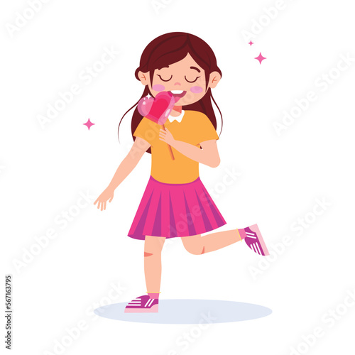 Vector illustration of a girl with a lollipop. Cartoon scene of happy little girl holding sweet heart shaped lollipop isolated on white background.