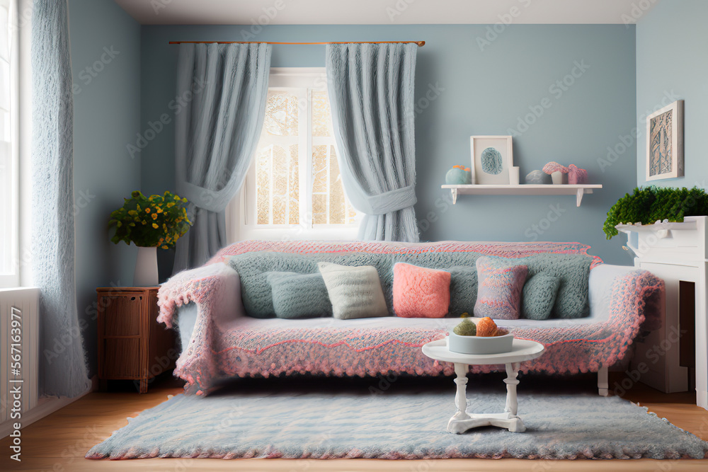 Fototapeta premium Miniature living room interior design made of cloth and wool yarn. colorful chairs and tables made of wool. Doll's House. Generative AI