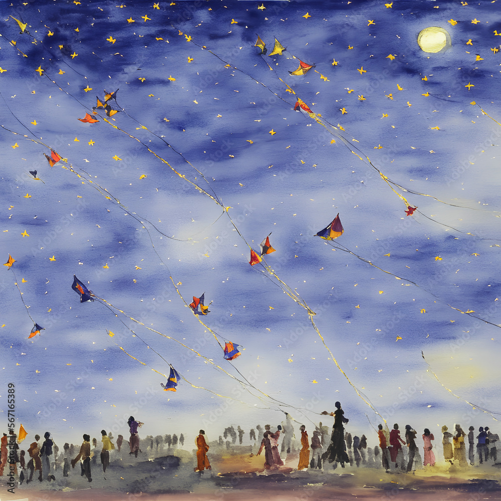 People flying kites in Lahore city, Pakistan during traditional "Basant