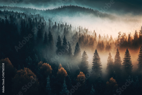 Fog over a pine forest. Generative AI.