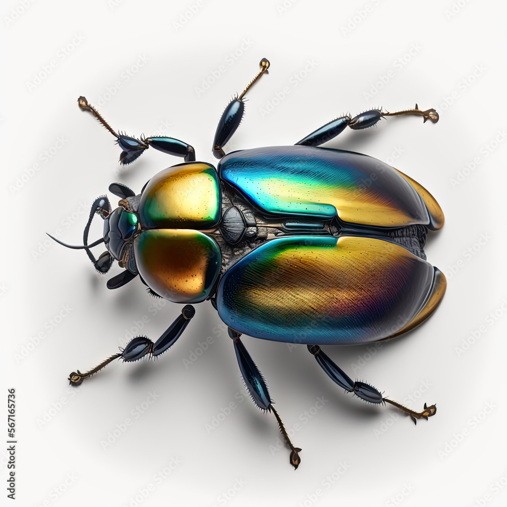a colorful beetle sitting on top of a white surface - obrazy, fototapety, plakaty 