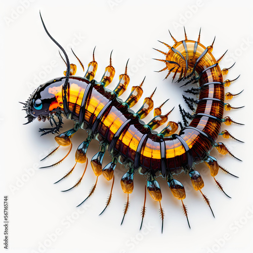 a close up of a colorful Centipedes on white background